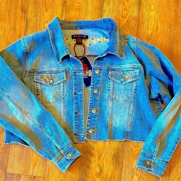 VANILLA STAR CROPPED RAW HEM DENIM JACKET 20 NWT - Picture 2 of 16
